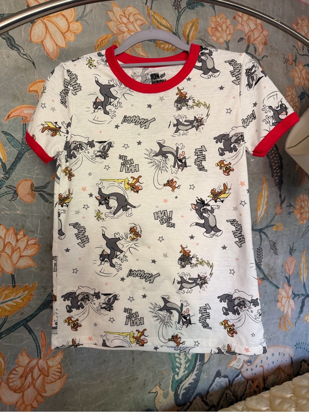 Tom & Jerry Graphic Tee XS White Cartoon Print Ringer Shirt